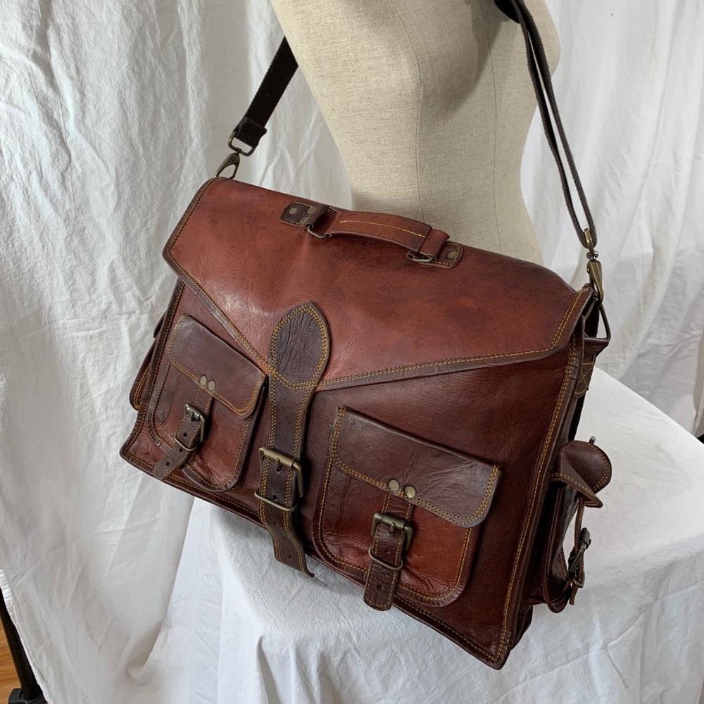 Big handmade brown oil waxed leather messenger bag